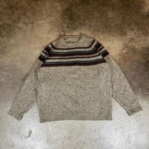 Handmade Mens Wool Chunky Knit Sweater Striped Marled Oatmeal Crew Neck Large